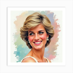 Princess Diana, Elegant Smile, Framed By Colorful Watercolor Scene 1 Art Print