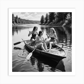 Eating Pasta on a Lake, Three Women On Raft, Funny Black and White Vintage Photo Art Print 2 Art Print