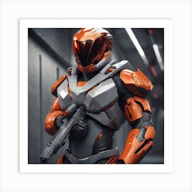 A Futuristic Warrior Stands Tall, His Gleaming Suit And Orange Visor Commanding Attention 2 Art Print