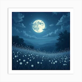 Enchanting Moonlit Meadow With Softly Glowing Flowers 1 Art Print