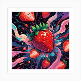 A Strawberry With A Colorful, Abstract Design Behind It Art Print