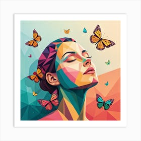 Vibrant Geometric Woman Portrait with Butterflies 1 Art Print