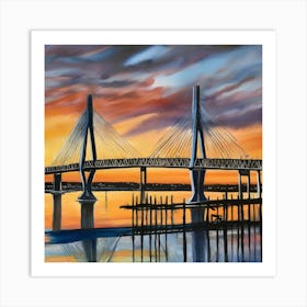 Sunset over the Arthur Ravenel Jr. Bridge in Charleston. Blue water and sunset reflections on the water. Oil colors.11 Art Print