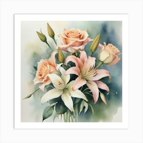 Roses And Lilies Paintings Art Print Art Print