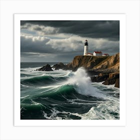 A Rugged Coastal Scene With Waves Crashing Against Dramatic Cliffs And A Lighthouse Standing Tall 2 Art Print