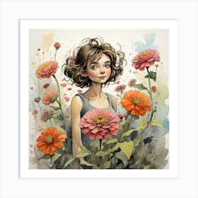 Zinnia Floral Quentin Blake Inspired Illustration Flo Art Print