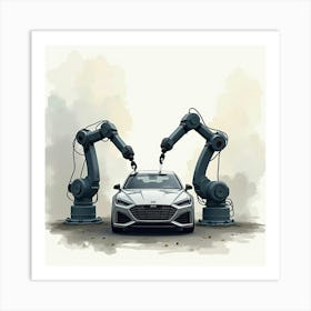 Robotic Arms Working On A Car, Watercolor Blend Of Industrial Greys Art Print