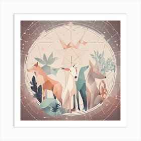 A Drawing In Pastel Colors Of Animals Light And Shadow And A Star, In The Style Of Bauhaus Simplici (3) Art Print