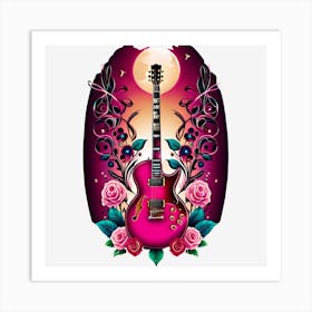 Pink Guitar With Roses Art Print