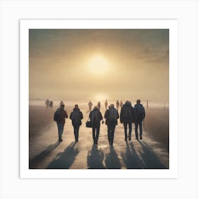 Group Of People Walking On The Beach Art Print