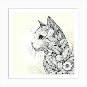 Cat With Flowers And Leaves Art Print