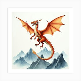 Majestic Dragon Soaring Above Mountains, Watercolor Art 1 Art Print