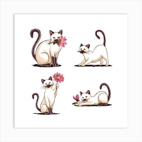 A charming and whimsical illustration of a Siamese cat in four distinct poses 1 Art Print