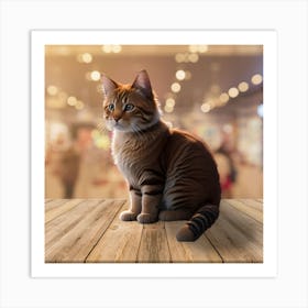 Tabby Cat Sitting On Wooden Table Art Print