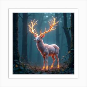 A Dreamy Stag With Antlers Of Glowing, Fractal Patterns Standing In A Mystical Forest 1 Art Print