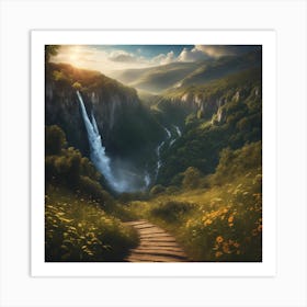 Waterfall In The Mountains Art Print