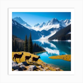 Goats in Paradise: A Serene Lake and Majestic Mountain Landscape Art Print