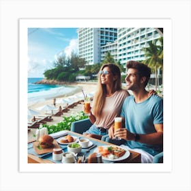 Couple Having Breakfast At The Beach Art Print