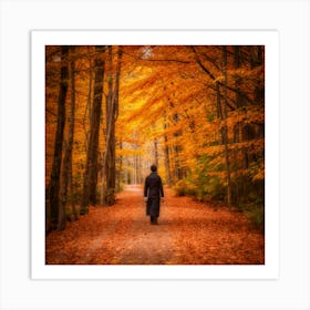 Man Walking In The Autumn Forest Art Print