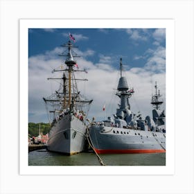 Two Warships Docked In The Harbor Art Print