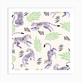 Pastel Purple Tiger Pattern On White Square Art Print
