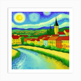 Rustic Horizons: A Village Beyond Time Starry Night Art Print