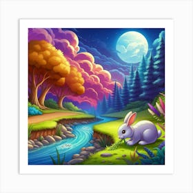 Rabbit Eating Grass By A Stream 2 Art Print