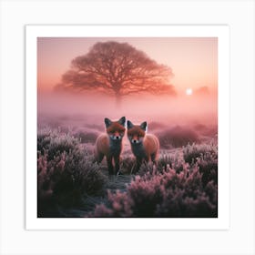 Foxes In The Mist 3 Art Print