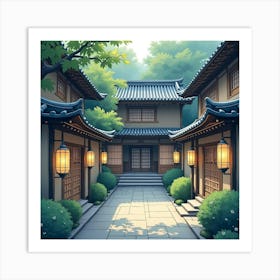 A Serene Japanese Courtyard With Lanterns, Softly Glowing In Watercolor Tones 1 Art Print