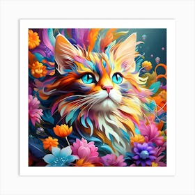 Colorful Cat With Flowers Art Print