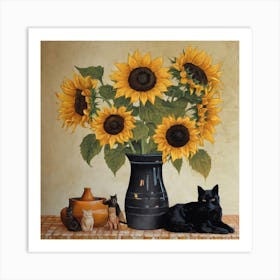 Sunflowers And Cat Art Print