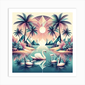 Geometric Art Tropical lake and swans 3 Art Print