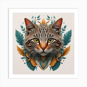 Cat With Leaves Art Print