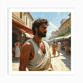 Graceful Greek Man In Watercolor, With The Charm Of A Bustling Ancient Market 1 Art Print