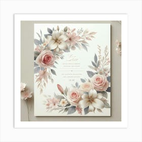 A beautiful watercolor painting of a floral wreath with pink roses, white lilies, and other greenery encircles a space for your custom text. The soft, muted colors and delicate brushstrokes create a romantic and elegant look. Perfect for wedding invitations, save-the-dates, or any special occasion. 1 Art Print