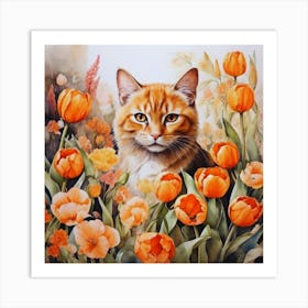 Cat In Orange Tulips 1 Art Print