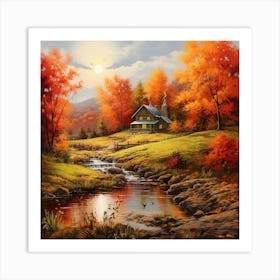 Autumn Cottage By The Stream Art Print