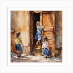 Happy girlfriends at the Door Art Print