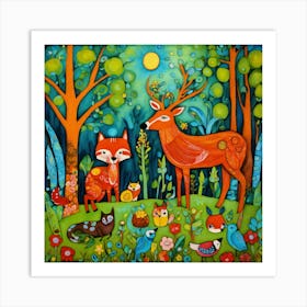 Art Drawing Forest And Animals Scene Folk Art Styl Art Print