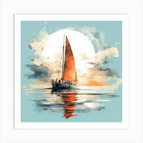 Sailing Boat With Mist Shrouded Moon Art Print