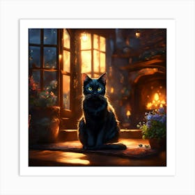 Black Cat In Front Of Fireplace Art Print