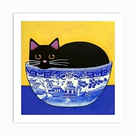 Black Cat In Blue And White Bowl Art Print