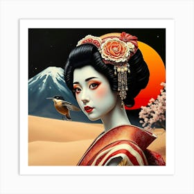 Geisha And Sing Bird Outside - Color Drawing Art Print