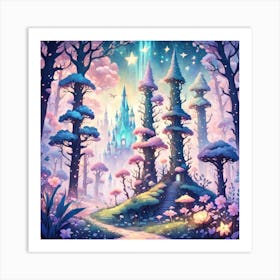 A Fantasy Forest With Twinkling Stars In Pastel Tone Square Composition 35 Art Print