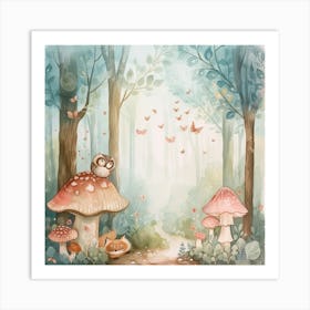 Watercolor Owls In The Forest Art Print