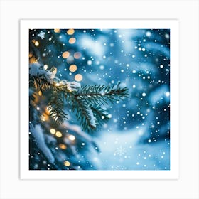 A Christmas Tree Branch Gleaming With Delicate Snowflakes In The Foreground A Merry Banner With Glo (2) 1 Art Print