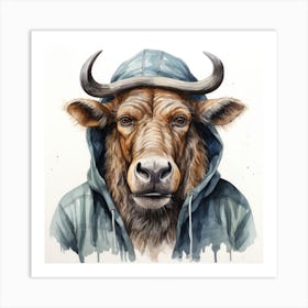 Watercolour Cartoon Wildebeest In A Hoodie 4 Art Print