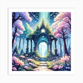 A Fantasy Forest With Twinkling Stars In Pastel Tone Square Composition 414 Art Print