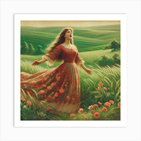 A young beautiful girl singing cheerfully in the fields Art Print