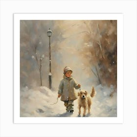 Boy And His Dog In The Snow 2 Art Print